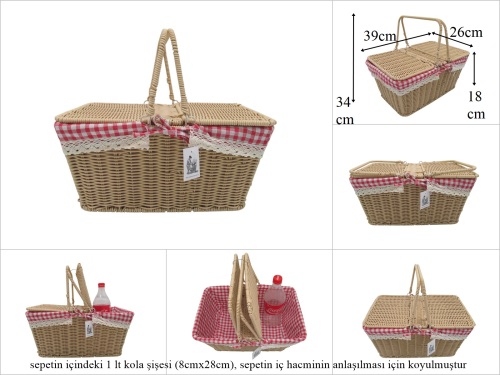 sd53609 metal iskelet üzerine rattan görünümlü pvc örme pötikare kumaşlı piknik sepeti - 