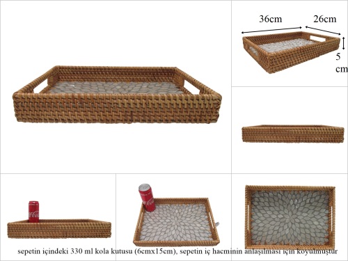 sd53727 rattan çerçeveli sedef tabanlı no2 desenli dikdörtgen tepsi - 