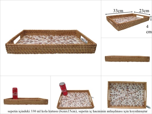 sd53728 rattan çerçeveli sedef tabanlı no1 desenli dikdörtgen tepsi - 