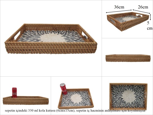 sd53733 rattan çerçeveli sedef tabanlı no2 desenli dikdörtgen tepsi - 